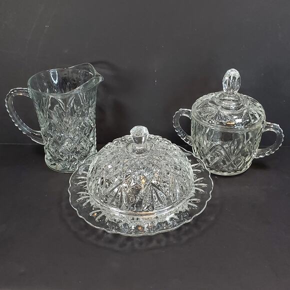 Vtg Anchor Hocking Pineapple Cut Round Butter Dish Creamer Covered Sugar Prescut - Picture 1 of 16